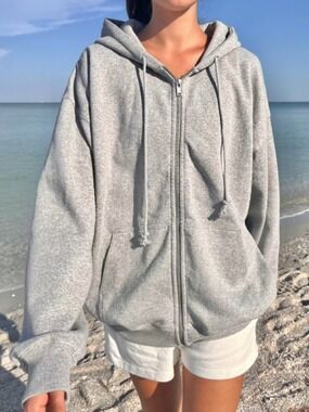Brandy Melville Oversized Casual Heathered Gray Zip Up Drawstring Christy Hoodie